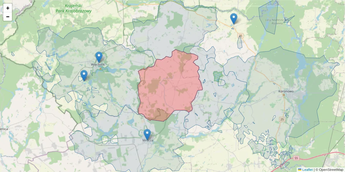 Szczegółowa mapa kodu pocztowego 89-413 z granicami, sąsiednimi kodami pocztowymi i urzędami pocztowymi