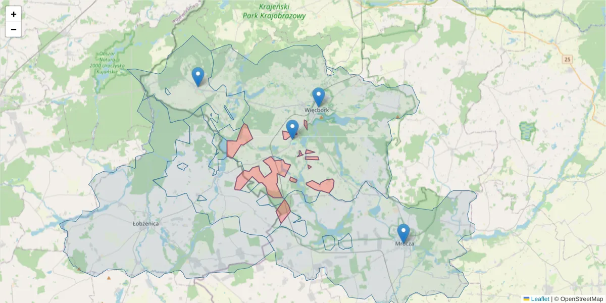 Szczegółowa mapa kodu pocztowego 89-421 z granicami, sąsiednimi kodami pocztowymi i urzędami pocztowymi
