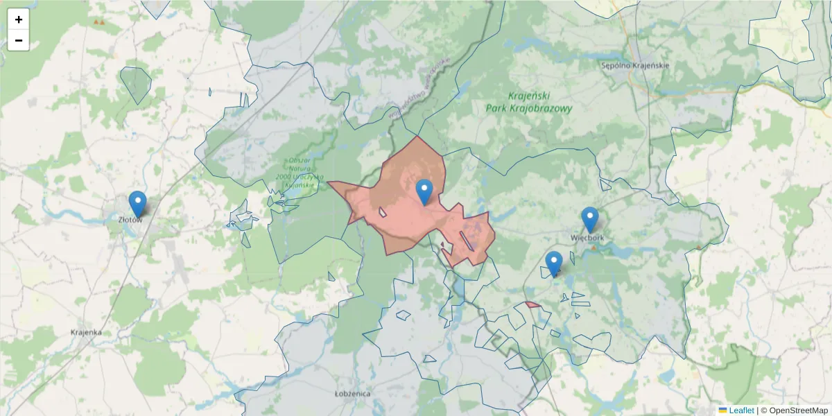 Szczegółowa mapa kodu pocztowego 89-422 z granicami, sąsiednimi kodami pocztowymi i urzędami pocztowymi