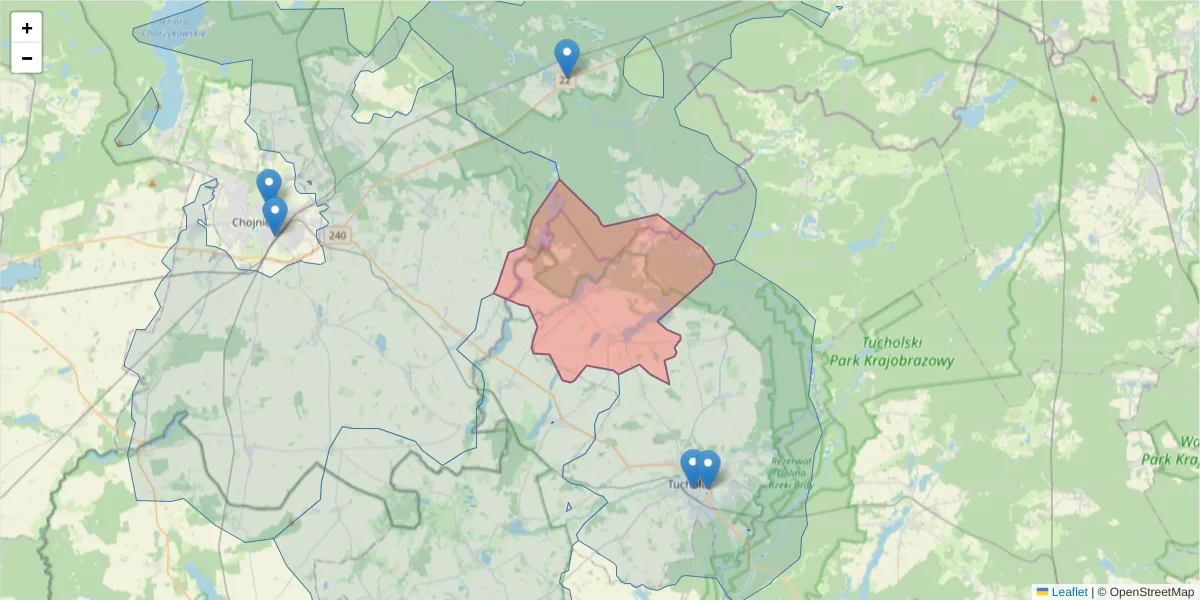 Szczegółowa mapa kodu pocztowego 89-502 z granicami, sąsiednimi kodami pocztowymi i urzędami pocztowymi