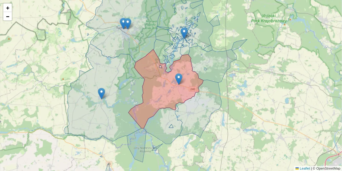 Szczegółowa mapa kodu pocztowego 89-510 z granicami, sąsiednimi kodami pocztowymi i urzędami pocztowymi