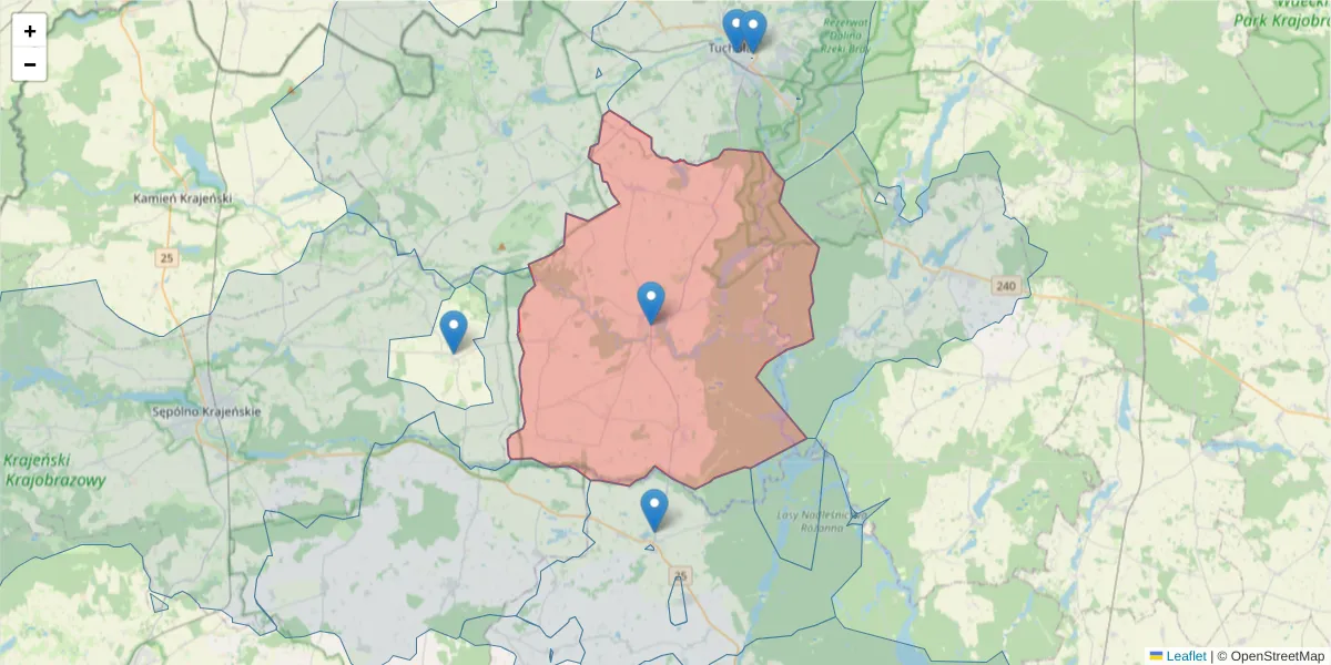 Szczegółowa mapa kodu pocztowego 89-520 z granicami, sąsiednimi kodami pocztowymi i urzędami pocztowymi