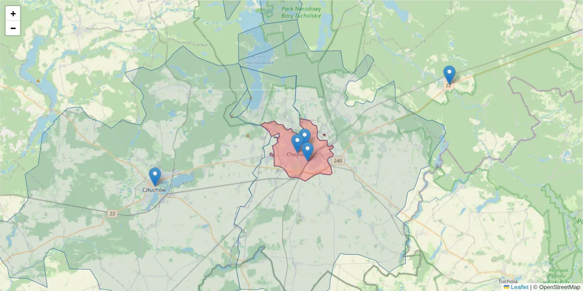 Szczegółowa mapa kodu pocztowego 89-600 z granicami, sąsiednimi kodami pocztowymi i urzędami pocztowymi