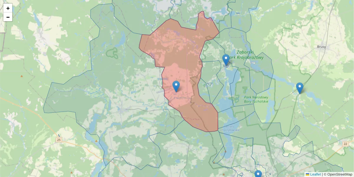 Szczegółowa mapa kodu pocztowego 89-607 z granicami, sąsiednimi kodami pocztowymi i urzędami pocztowymi