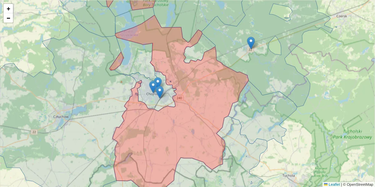 Szczegółowa mapa kodu pocztowego 89-620 z granicami, sąsiednimi kodami pocztowymi i urzędami pocztowymi