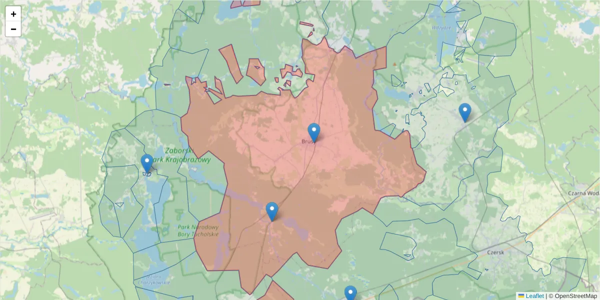 Szczegółowa mapa kodu pocztowego 89-632 z granicami, sąsiednimi kodami pocztowymi i urzędami pocztowymi