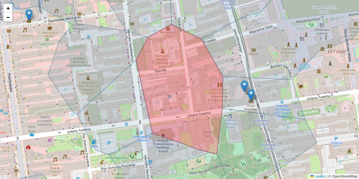Szczegółowa mapa kodu pocztowego 90-002 z granicami, sąsiednimi kodami pocztowymi i urzędami pocztowymi
