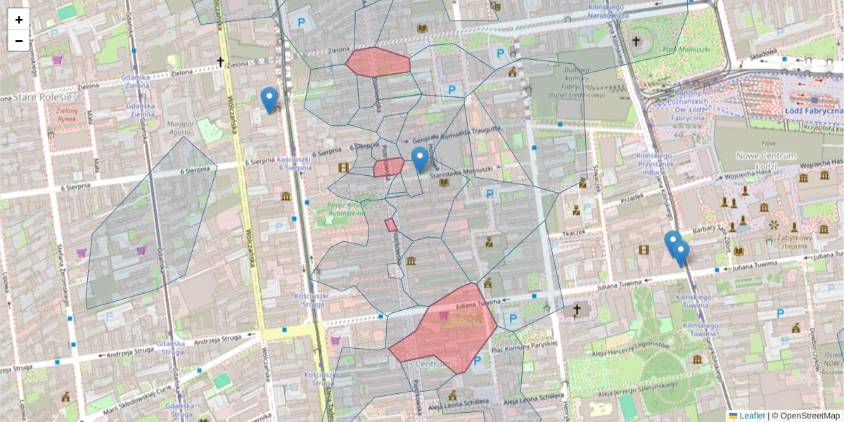 Szczegółowa mapa kodu pocztowego 90-004 z granicami, sąsiednimi kodami pocztowymi i urzędami pocztowymi