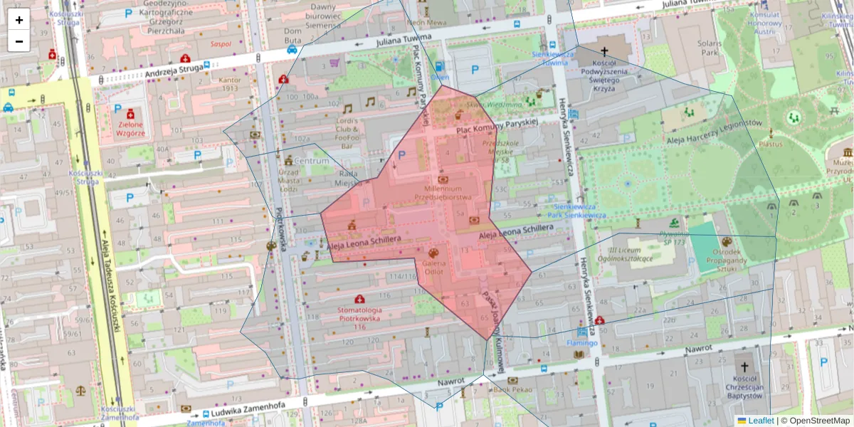 Szczegółowa mapa kodu pocztowego 90-007 z granicami, sąsiednimi kodami pocztowymi i urzędami pocztowymi