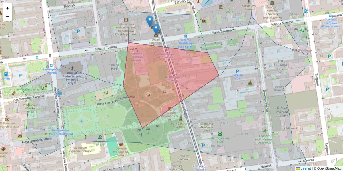 Szczegółowa mapa kodu pocztowego 90-012 z granicami, sąsiednimi kodami pocztowymi i urzędami pocztowymi