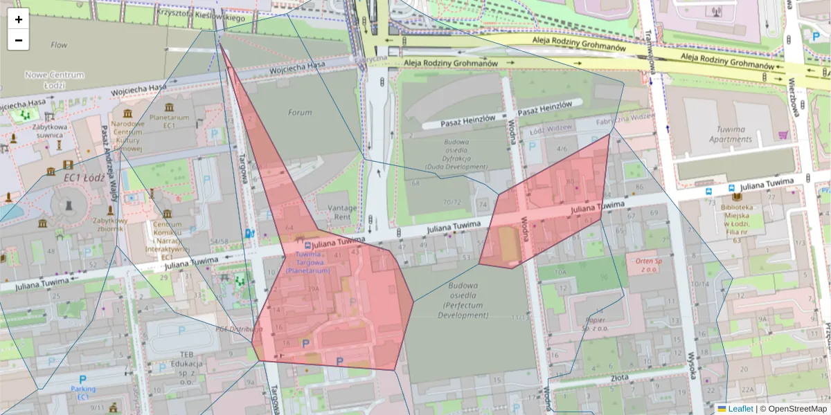Szczegółowa mapa kodu pocztowego 90-025 z granicami, sąsiednimi kodami pocztowymi i urzędami pocztowymi