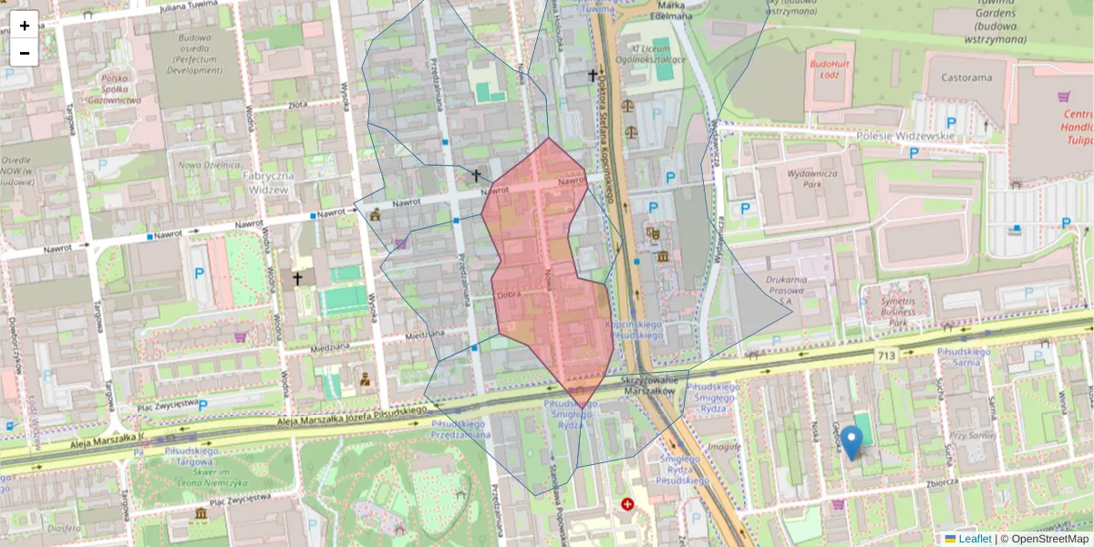 Szczegółowa mapa kodu pocztowego 90-030 z granicami, sąsiednimi kodami pocztowymi i urzędami pocztowymi