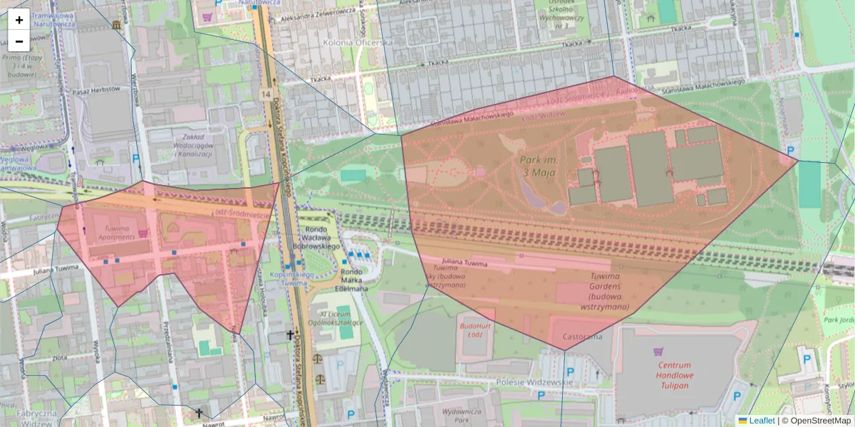 Szczegółowa mapa kodu pocztowego 90-031 z granicami, sąsiednimi kodami pocztowymi i urzędami pocztowymi