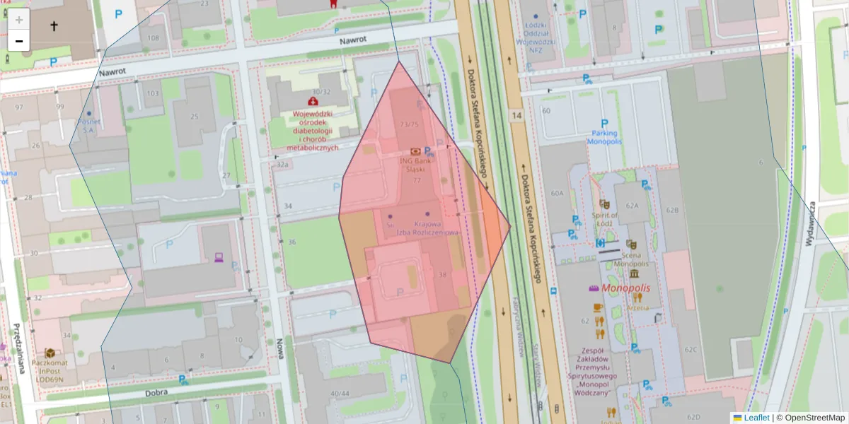 Szczegółowa mapa kodu pocztowego 90-033 z granicami, sąsiednimi kodami pocztowymi i urzędami pocztowymi