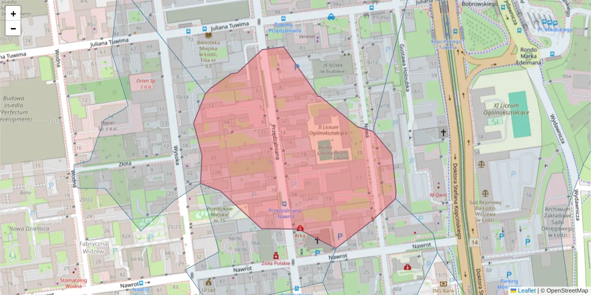 Szczegółowa mapa kodu pocztowego 90-034 z granicami, sąsiednimi kodami pocztowymi i urzędami pocztowymi