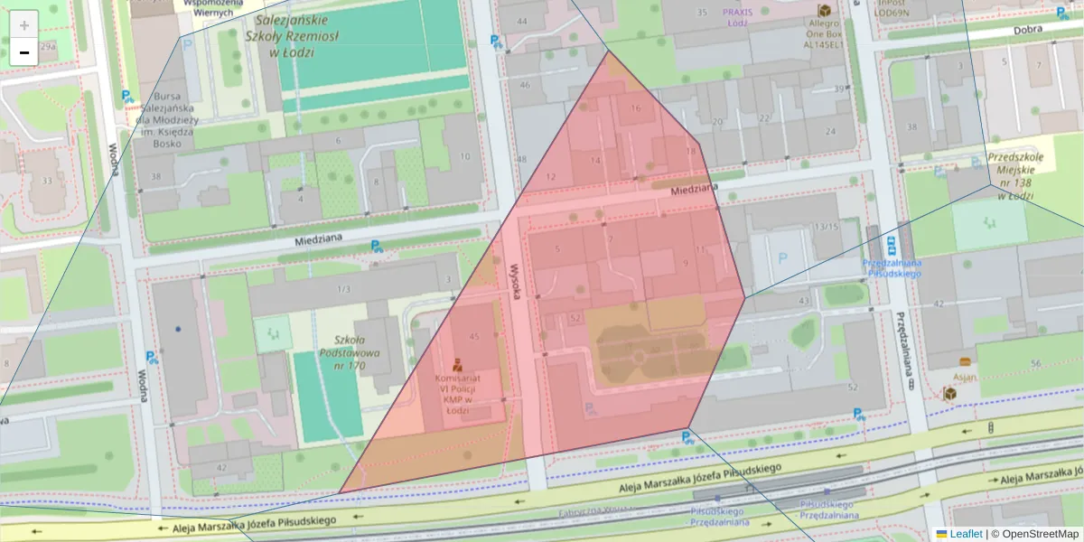Szczegółowa mapa kodu pocztowego 90-038 z granicami, sąsiednimi kodami pocztowymi i urzędami pocztowymi