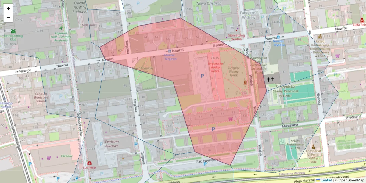 Szczegółowa mapa kodu pocztowego 90-045 z granicami, sąsiednimi kodami pocztowymi i urzędami pocztowymi
