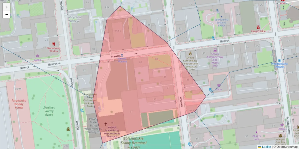 Szczegółowa mapa kodu pocztowego 90-046 z granicami, sąsiednimi kodami pocztowymi i urzędami pocztowymi