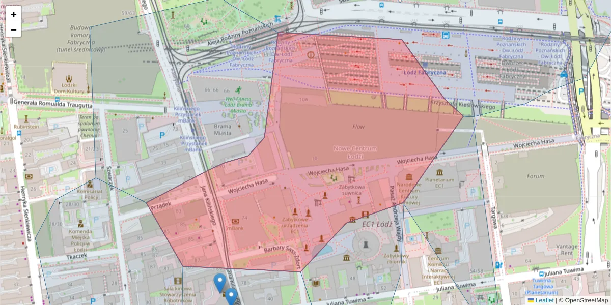 Szczegółowa mapa kodu pocztowego 90-119 z granicami, sąsiednimi kodami pocztowymi i urzędami pocztowymi