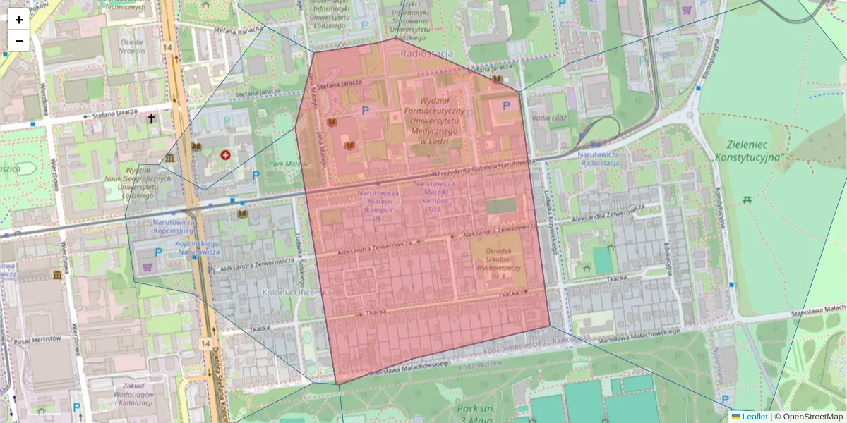 Szczegółowa mapa kodu pocztowego 90-145 z granicami, sąsiednimi kodami pocztowymi i urzędami pocztowymi
