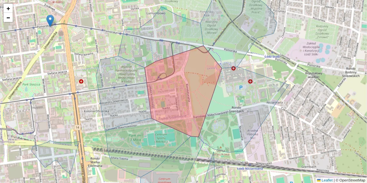 Szczegółowa mapa kodu pocztowego 90-146 z granicami, sąsiednimi kodami pocztowymi i urzędami pocztowymi