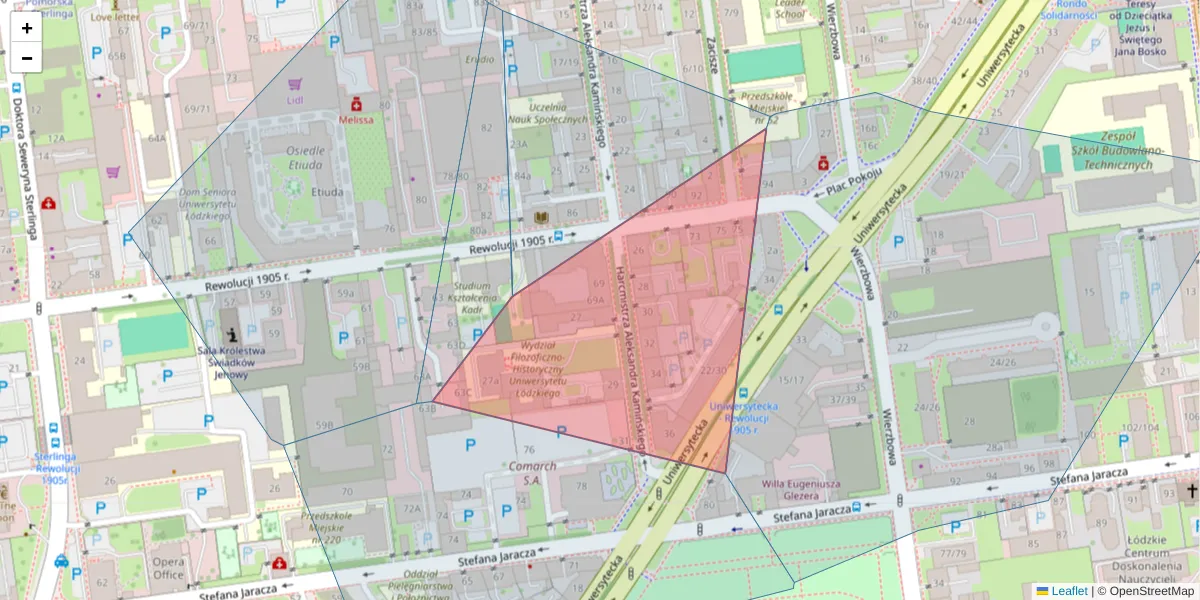Szczegółowa mapa kodu pocztowego 90-221 z granicami, sąsiednimi kodami pocztowymi i urzędami pocztowymi
