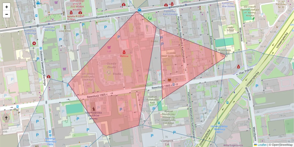 Szczegółowa mapa kodu pocztowego 90-223 z granicami, sąsiednimi kodami pocztowymi i urzędami pocztowymi