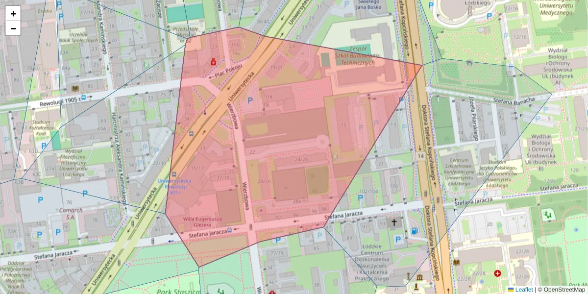 Szczegółowa mapa kodu pocztowego 90-245 z granicami, sąsiednimi kodami pocztowymi i urzędami pocztowymi
