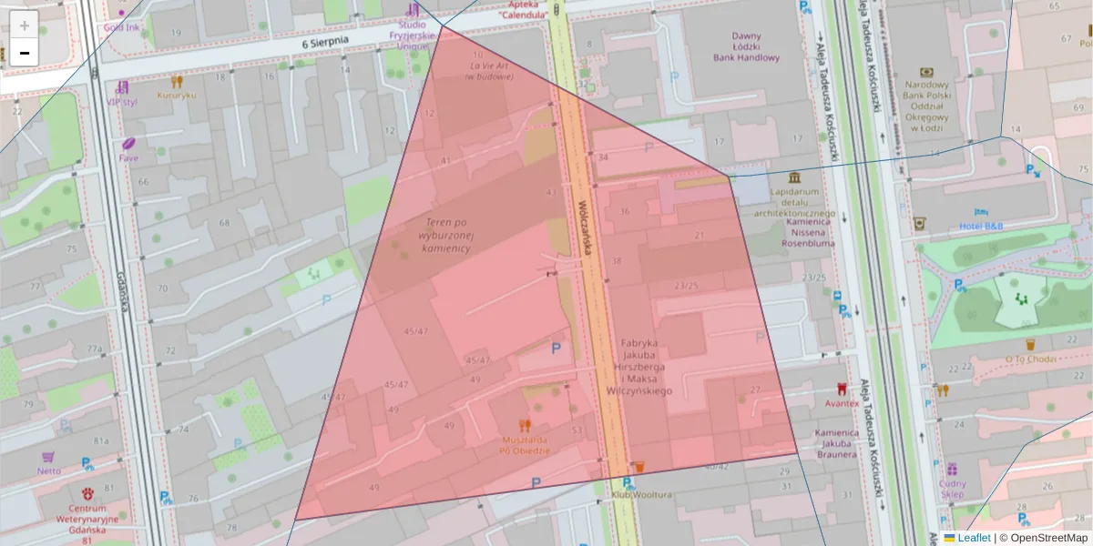 Szczegółowa mapa kodu pocztowego 90-416 z granicami, sąsiednimi kodami pocztowymi i urzędami pocztowymi
