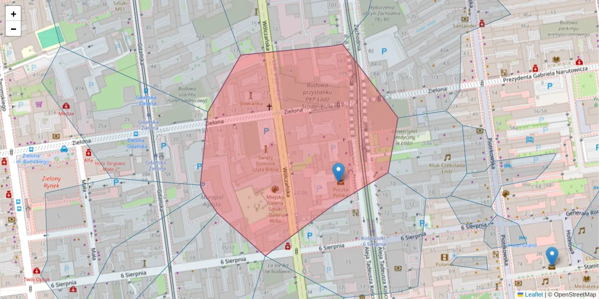 Szczegółowa mapa kodu pocztowego 90-418 z granicami, sąsiednimi kodami pocztowymi i urzędami pocztowymi