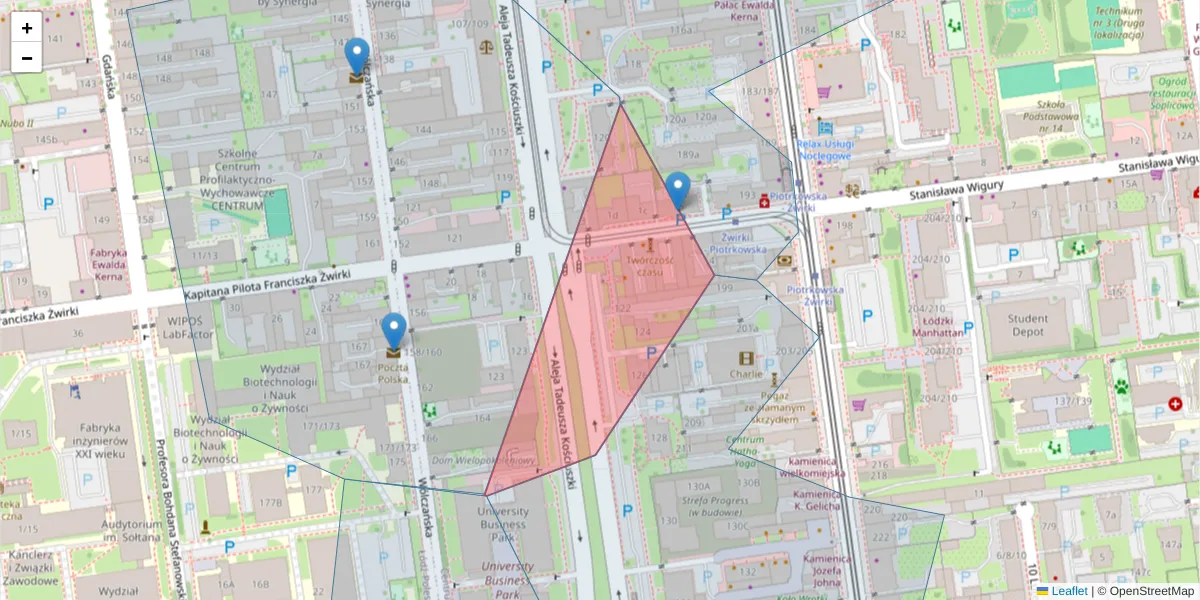 Szczegółowa mapa kodu pocztowego 90-450 z granicami, sąsiednimi kodami pocztowymi i urzędami pocztowymi