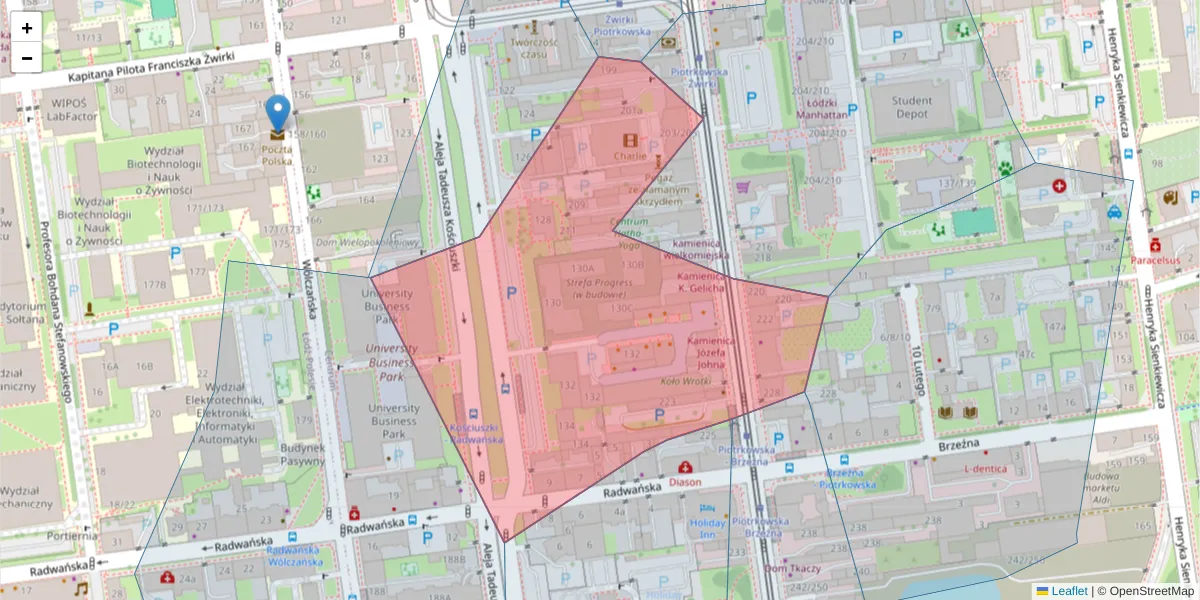 Szczegółowa mapa kodu pocztowego 90-451 z granicami, sąsiednimi kodami pocztowymi i urzędami pocztowymi