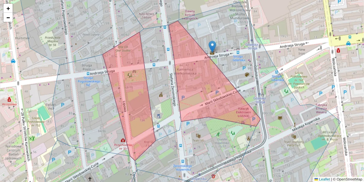 Szczegółowa mapa kodu pocztowego 90-505 z granicami, sąsiednimi kodami pocztowymi i urzędami pocztowymi