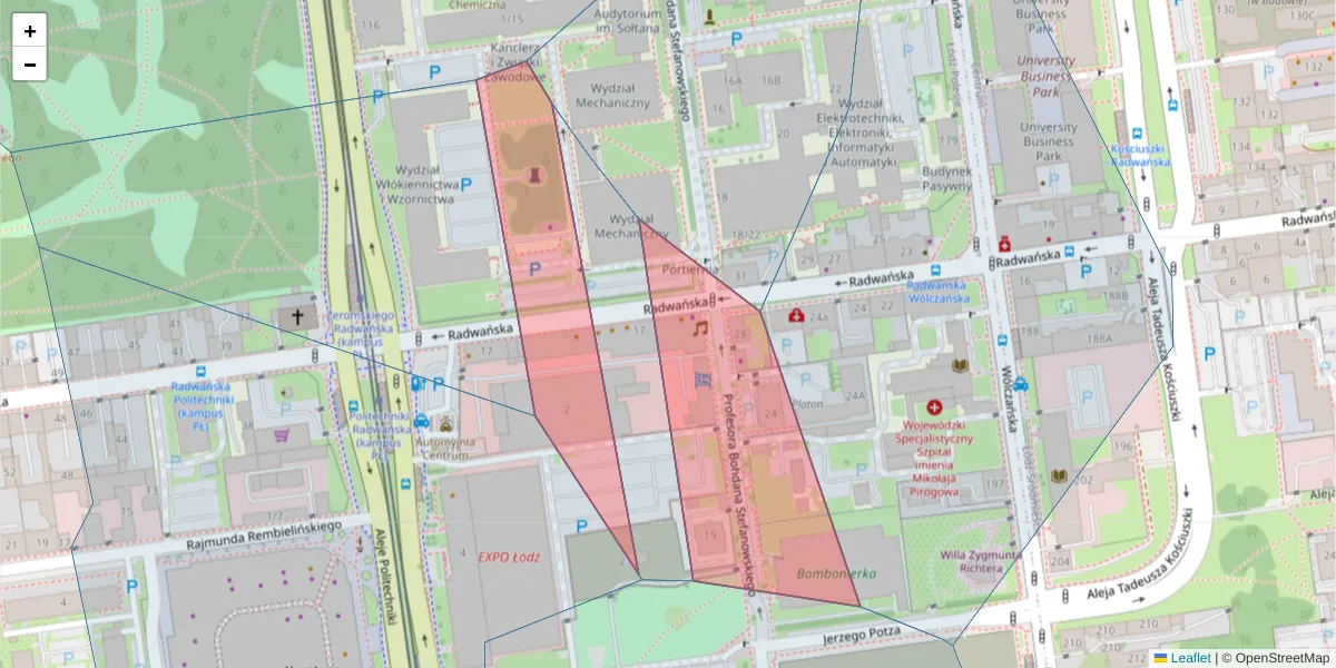 Szczegółowa mapa kodu pocztowego 90-537 z granicami, sąsiednimi kodami pocztowymi i urzędami pocztowymi