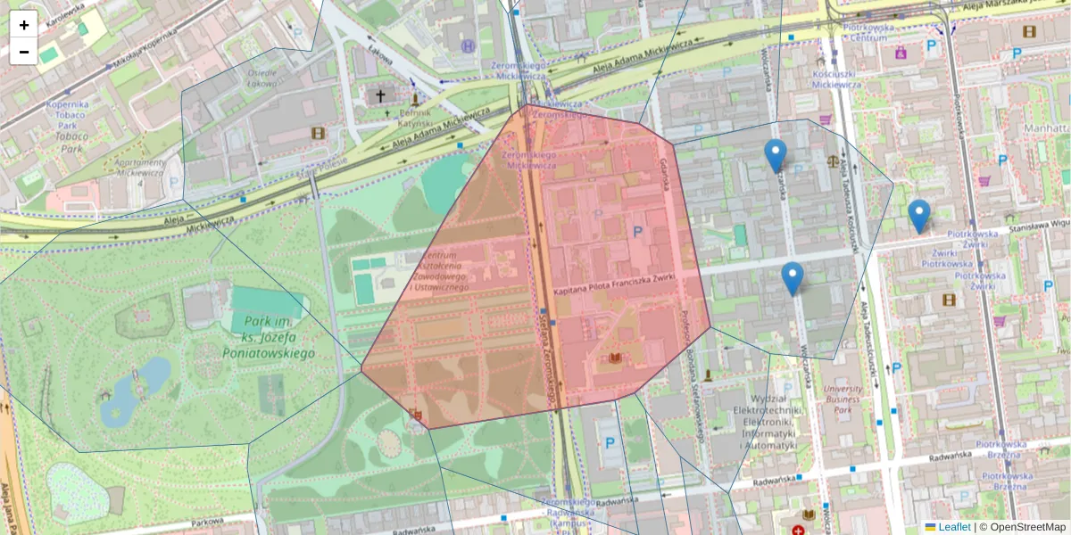Szczegółowa mapa kodu pocztowego 90-539 z granicami, sąsiednimi kodami pocztowymi i urzędami pocztowymi