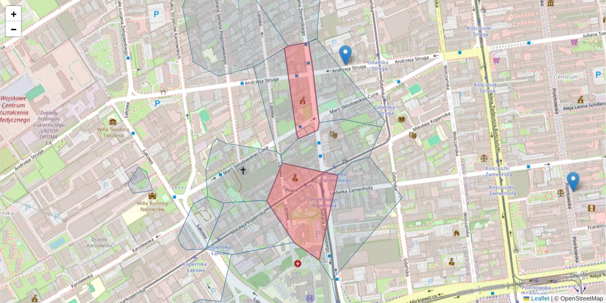 Szczegółowa mapa kodu pocztowego 90-545 z granicami, sąsiednimi kodami pocztowymi i urzędami pocztowymi