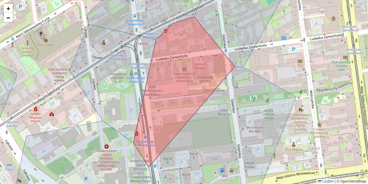 Szczegółowa mapa kodu pocztowego 90-547 z granicami, sąsiednimi kodami pocztowymi i urzędami pocztowymi