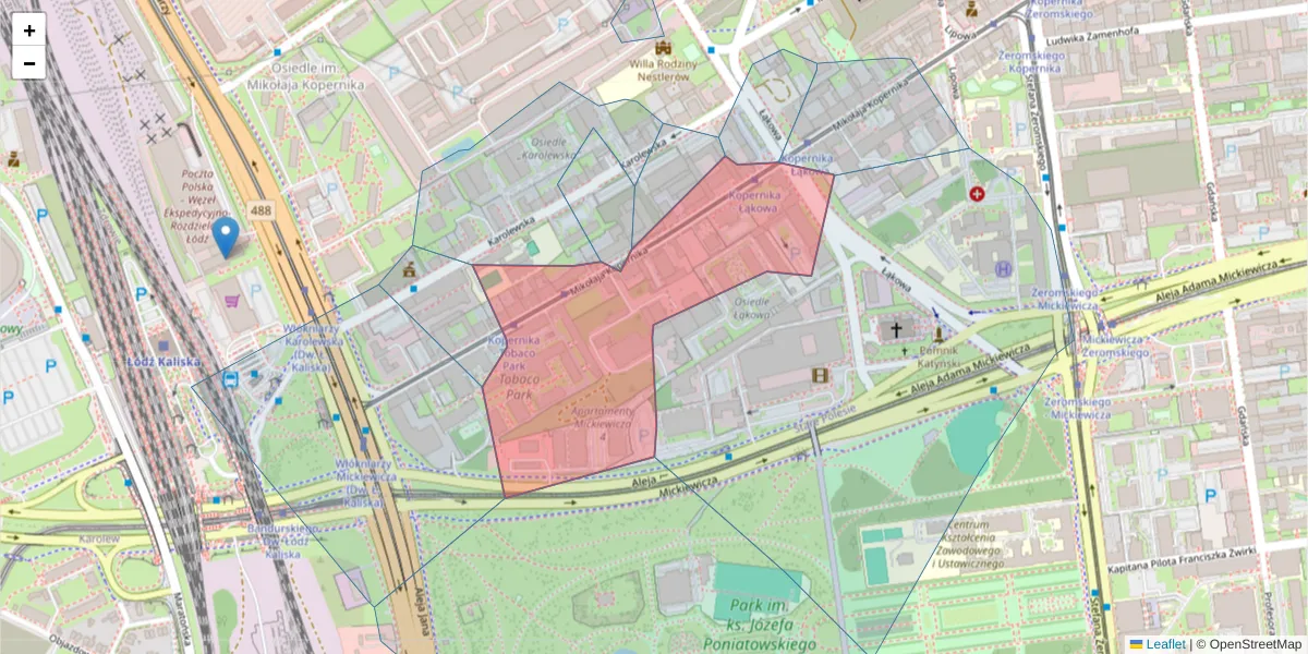 Szczegółowa mapa kodu pocztowego 90-553 z granicami, sąsiednimi kodami pocztowymi i urzędami pocztowymi