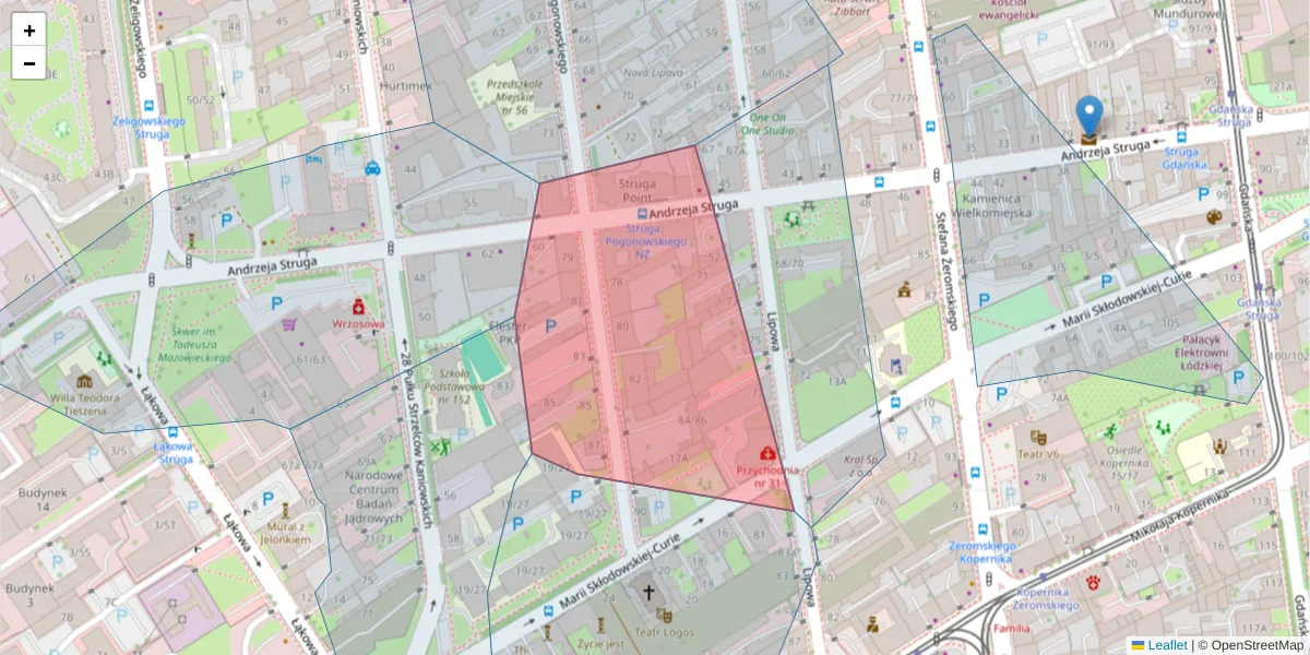 Szczegółowa mapa kodu pocztowego 90-569 z granicami, sąsiednimi kodami pocztowymi i urzędami pocztowymi