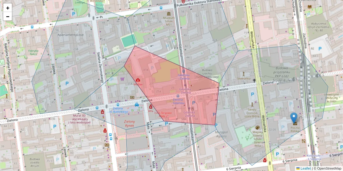 Szczegółowa mapa kodu pocztowego 90-602 z granicami, sąsiednimi kodami pocztowymi i urzędami pocztowymi