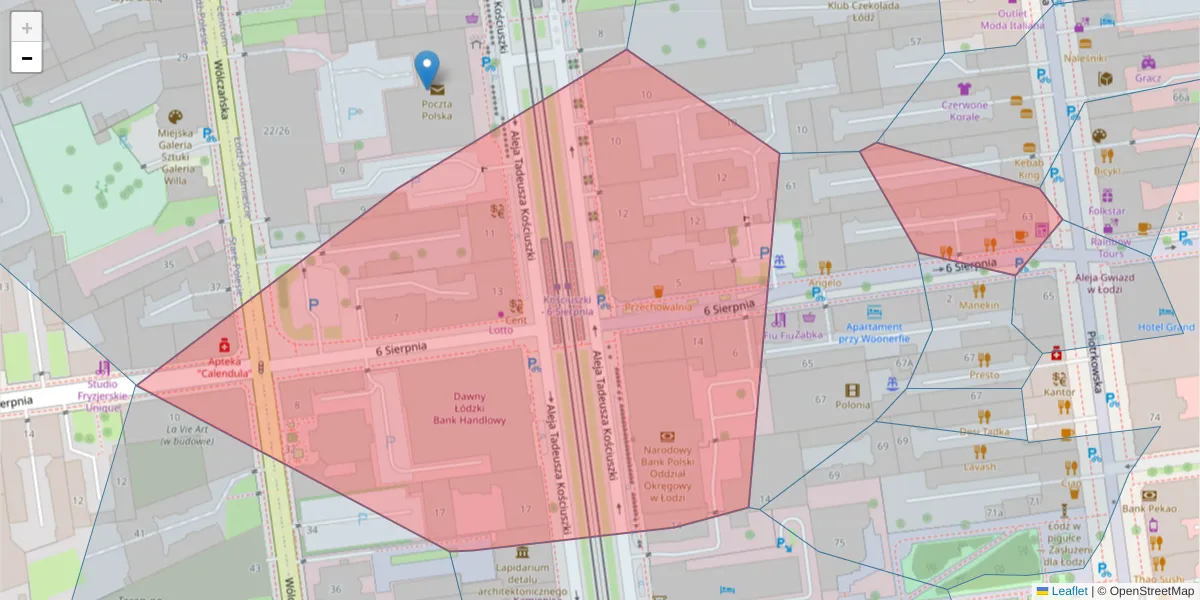 Szczegółowa mapa kodu pocztowego 90-606 z granicami, sąsiednimi kodami pocztowymi i urzędami pocztowymi