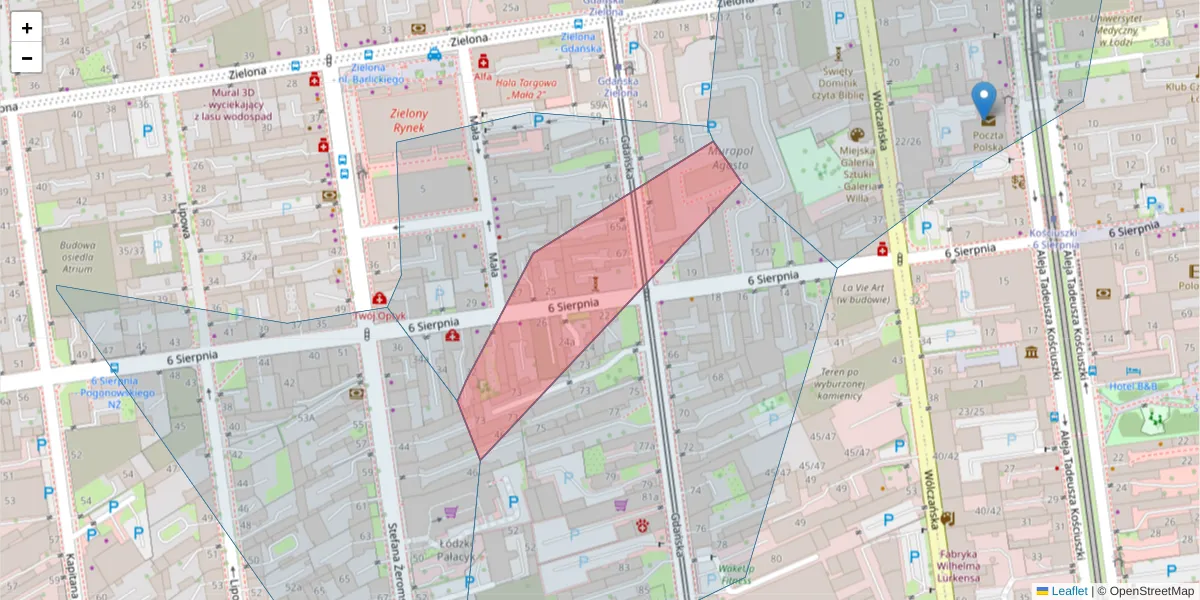 Szczegółowa mapa kodu pocztowego 90-623 z granicami, sąsiednimi kodami pocztowymi i urzędami pocztowymi