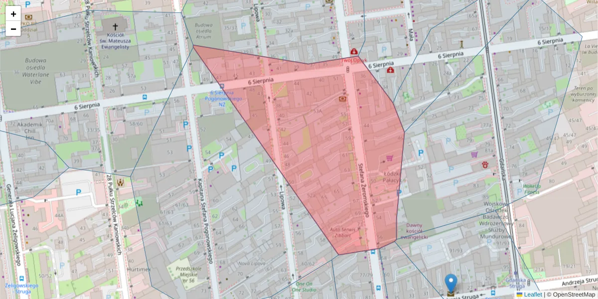 Szczegółowa mapa kodu pocztowego 90-625 z granicami, sąsiednimi kodami pocztowymi i urzędami pocztowymi