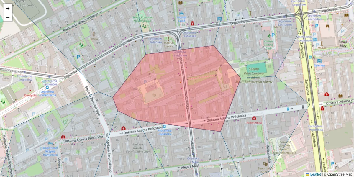 Szczegółowa mapa kodu pocztowego 90-707 z granicami, sąsiednimi kodami pocztowymi i urzędami pocztowymi