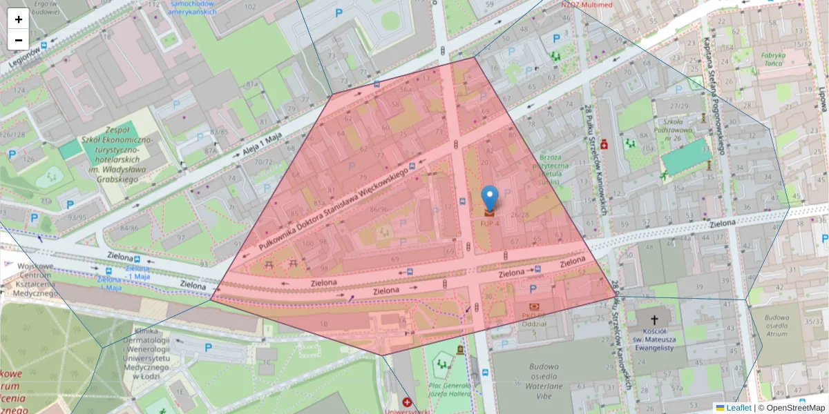 Szczegółowa mapa kodu pocztowego 90-754 z granicami, sąsiednimi kodami pocztowymi i urzędami pocztowymi
