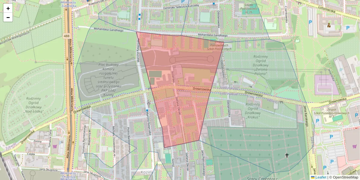 Szczegółowa mapa kodu pocztowego 91-009 z granicami, sąsiednimi kodami pocztowymi i urzędami pocztowymi