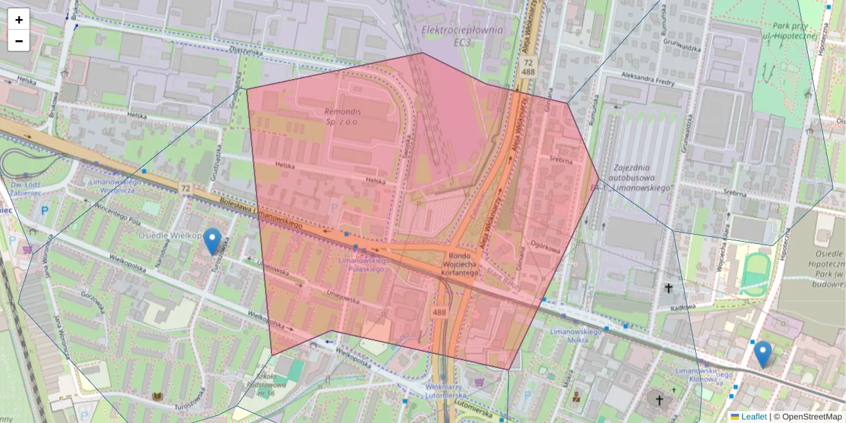 Szczegółowa mapa kodu pocztowego 91-027 z granicami, sąsiednimi kodami pocztowymi i urzędami pocztowymi