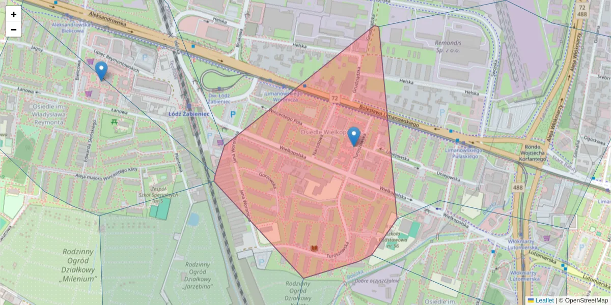 Szczegółowa mapa kodu pocztowego 91-031 z granicami, sąsiednimi kodami pocztowymi i urzędami pocztowymi