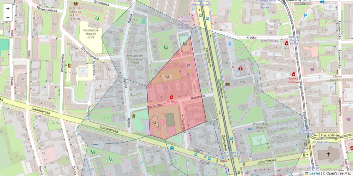 Szczegółowa mapa kodu pocztowego 91-053 z granicami, sąsiednimi kodami pocztowymi i urzędami pocztowymi