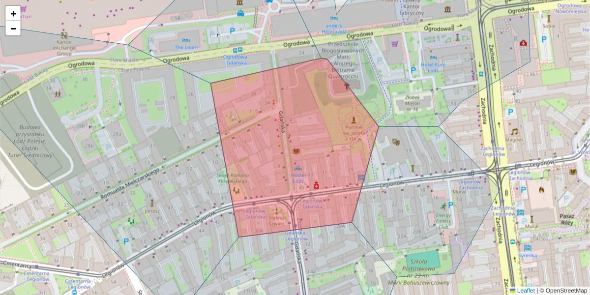 Szczegółowa mapa kodu pocztowego 91-066 z granicami, sąsiednimi kodami pocztowymi i urzędami pocztowymi